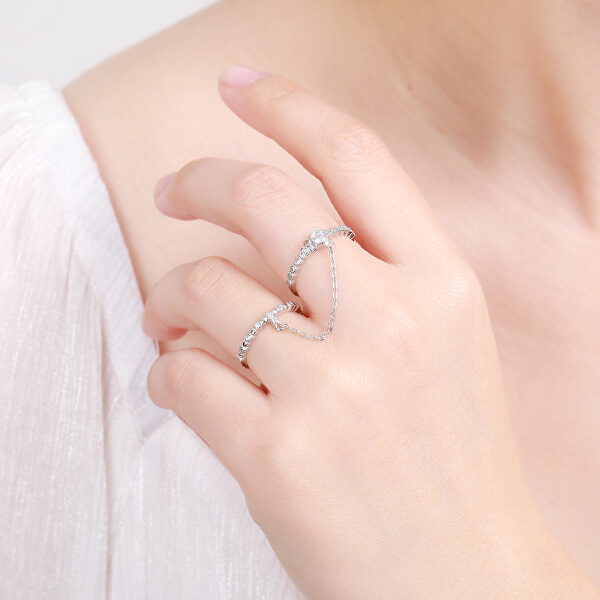 Půvabný dvojitý prsten ze stříbra se zirkony R00022