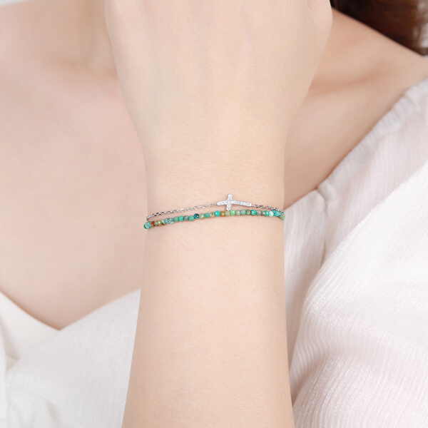 Stilvolles Armband mit  türkisfarbenen Perlen und Kreuz B0000429