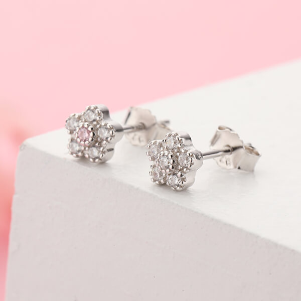 Csillogó ezüst fülbevalók cirkónium  kövekkel Virágok E0000211