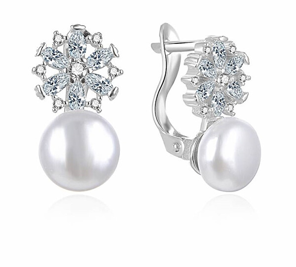 Elegáns ezüst fülbevaló gyöngyökkel és cirkónium kövekkel E0002566
