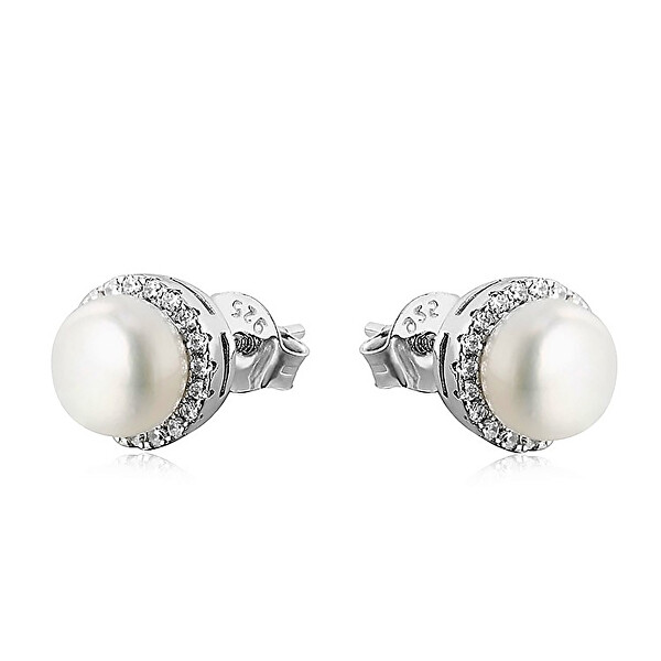 Elegantné strieborné náušnice s perlami a zirkónmi EP000111