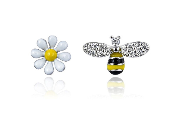 Stříbrné asymetrické náušnice včelka & květina E0002788