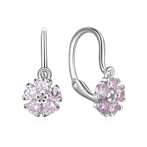 Stříbrné dětské náušnice Květina s růžovými zirkony E0000635