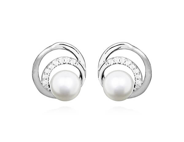 Třpytivé stříbrné náušnice pecky s pravými perlami EP000166