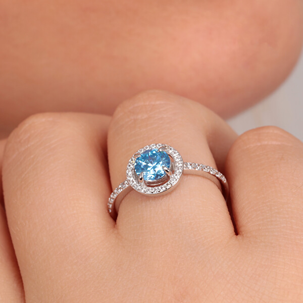 Něžný stříbrný prsten s akvamarínem a krystaly Tesori SAIW9701