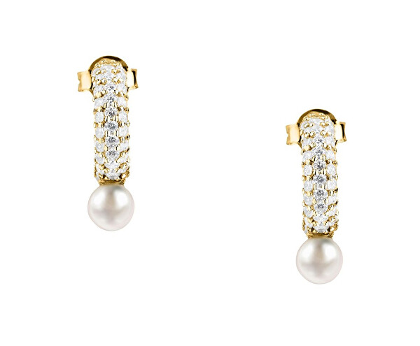 Pozlacené náušnice s pravou perlou a kubickými zirkony Perla SXU53