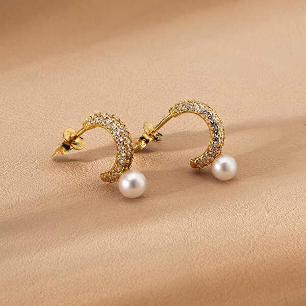 Pozlacené náušnice s pravou perlou a kubickými zirkony Perla SXU53