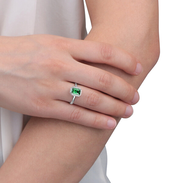 Třpytivý stříbrný prsten se zeleným kamínkem Tesori SAIW76