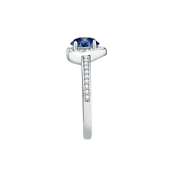 Trblietavý strieborný prsteň Srdce s modrým zirkónom Tesori SAVB150
