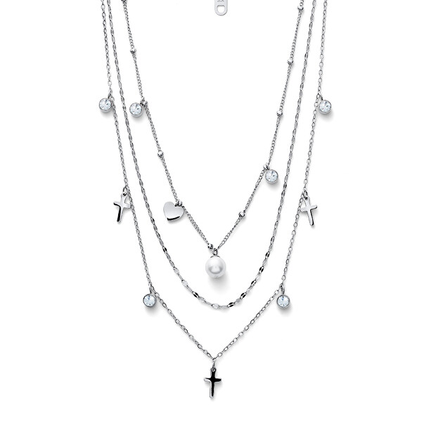 Trojitý oceľový náhrdelník s perličkami Prayer 12261