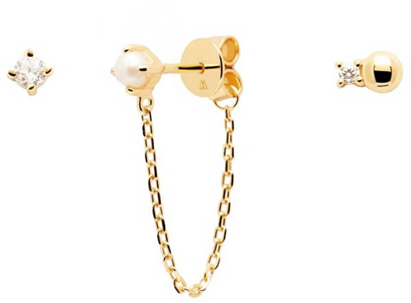 Pozlátené asymetrické náušnice s perlou a zirkónmi CHARLIE Gold BU01-019-U