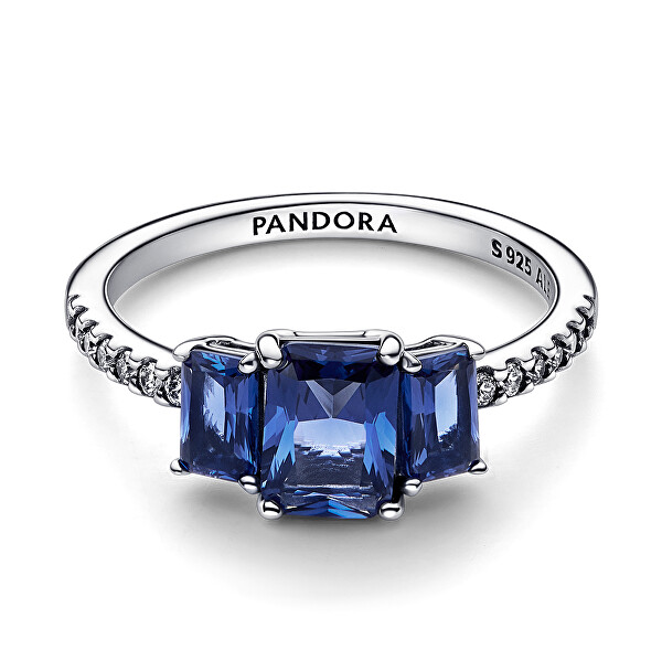 Inel argintiu strălucitor cu cristale albastre 192389C01