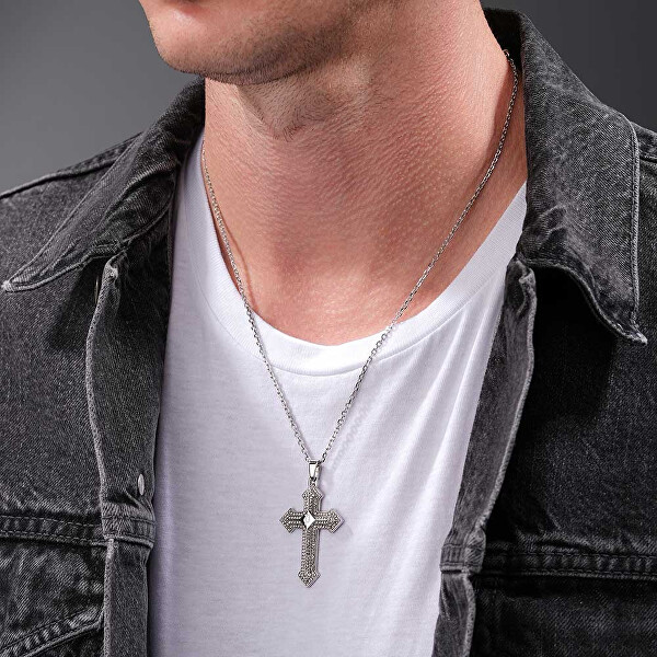 Pánsky oceľový náhrdelník Kríž s kryštálmi Stoneset PEAGN0036501