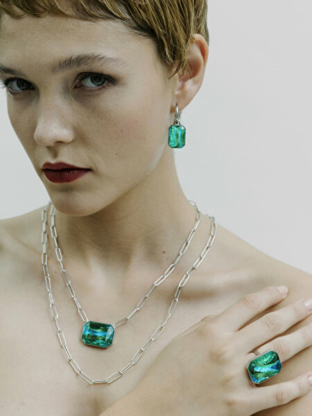 Ocelový náhrdelník s ručně mačkaným kamenem českého křišťálu Preciosa Ocean Emerald 7444 66