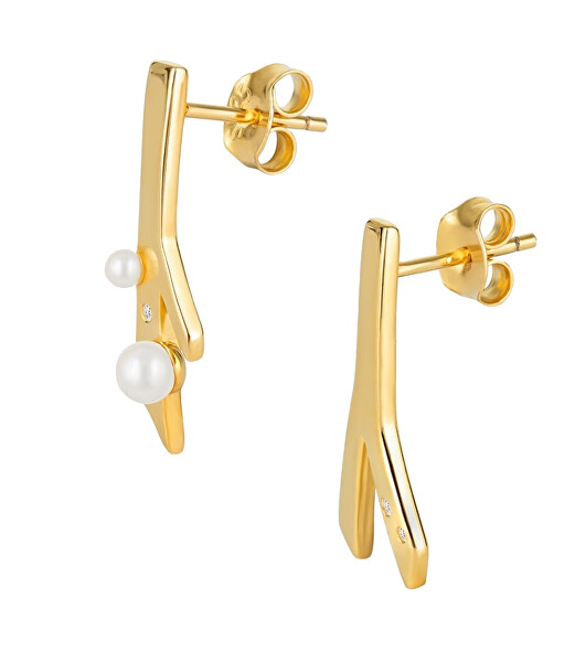 Vergoldete asymmetrische Ohrringe Twig mit Flussperle und kubischen Zirkonen Preciosa 5389Y01