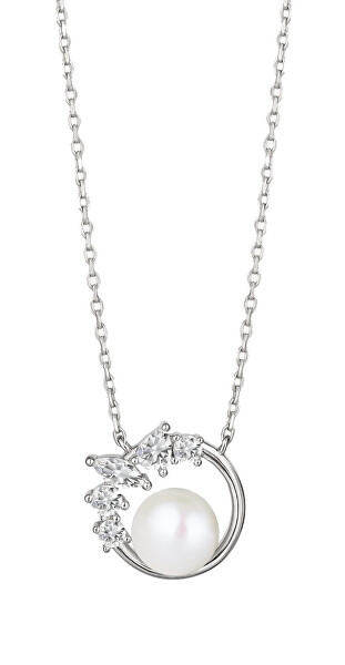 Něžný stříbrný náhrdelník se zirkony a říční perlou Innocence 5384 01