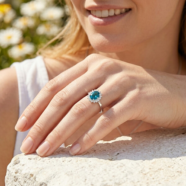Stříbrný prsten se zirkony a syntetickým turmalínem Colored stones SC644
