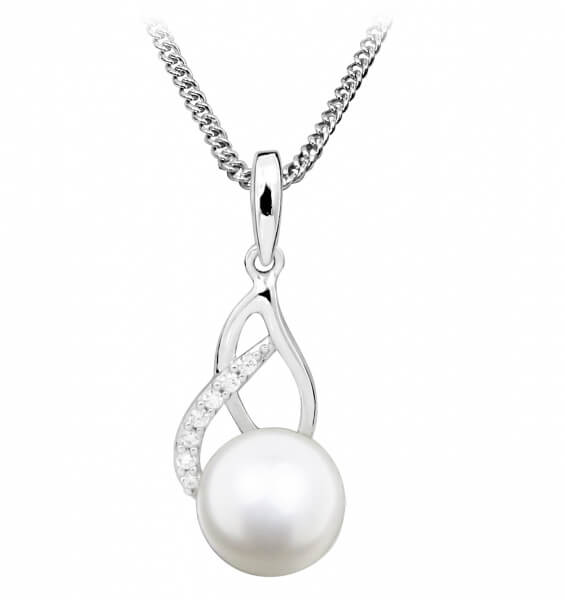 Nežný náhrdelník s perlou a zirkónmi SC404 (retiazka, prívesok)