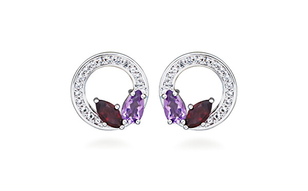 Stříbrné náušnice s ametystem a granátem Colored Stones SC666