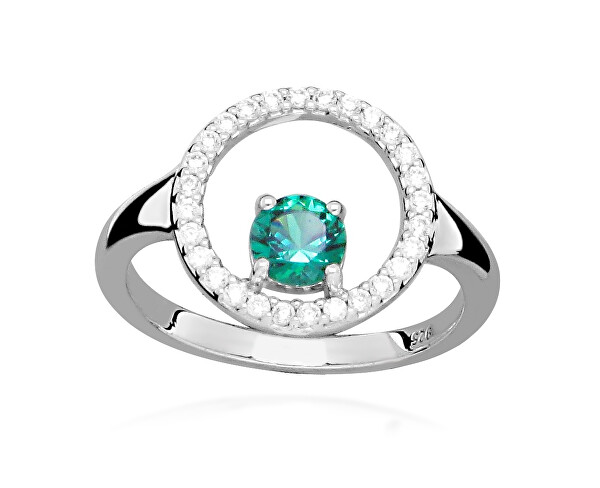 Stříbrný prsten se zirkony a syntetickým smaragdem Colored stones SC631