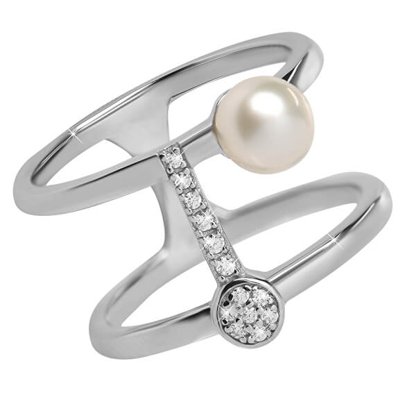 Stylový stříbrný prsten se zirkony a perlou SC336