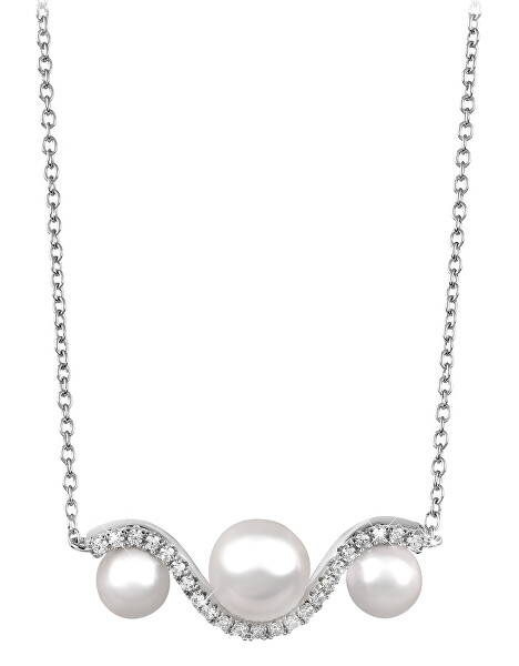 Elegantní stříbrný náhrdelník se zirkony a perlou SC340