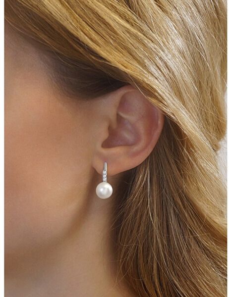 Něžné stříbrné náušnice s pravou bílou perlou a krystaly Swarovski LPSER0639