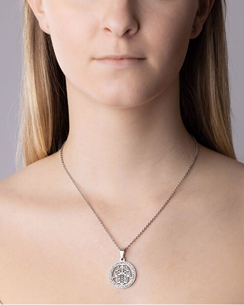 Ocelový náhrdelník s přívěskem ruky Fátimy s křišťálem KMM39914N