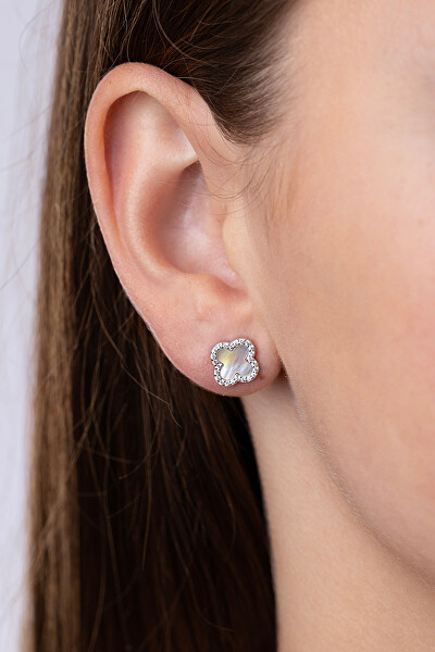 Stříbrné náušnice čtyřlístek Jonet s perletí a Brilliance Zirconia MW02866EW