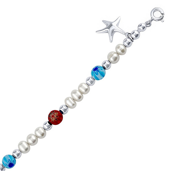 Bracciale in argento sterling con vere perle, una stella e perline colorate PRM20261BPW