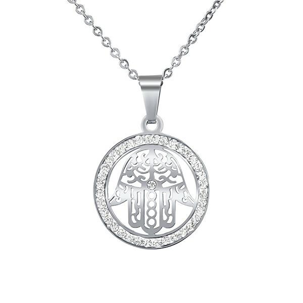 Ocelový náhrdelník s přívěskem ruky Fátimy s křišťálem KMM39914N