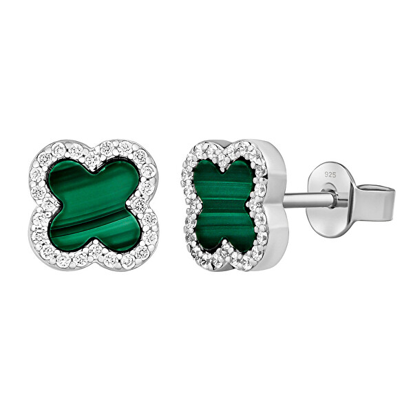 Stříbrné náušnice čtyřlístek Jonet s přírodním malachitem a Brilliance Zirconia MW02866EG