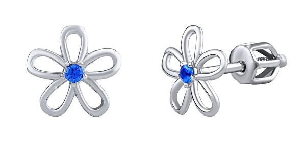 Stříbrné náušnice - květ s modrým zirkonem na šroubek SILVEGOB31857SBDB