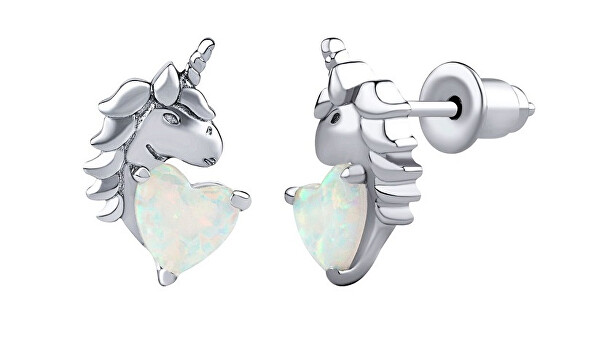 Orecchini in argento a lobo con unicorno Esma con opale bianco a forma di cuore DCC22008EOW