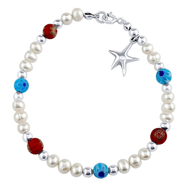 Bracciale in argento sterling con vere perle, una stella e perline colorate PRM20261BPW