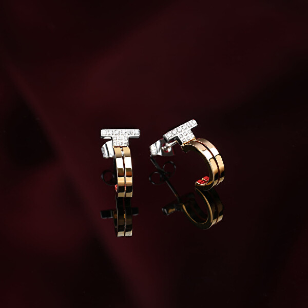 Cercei rotunzi bicolor din oțel cu zirconi T-Logo TJAXC34