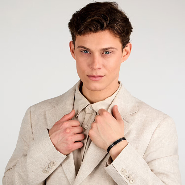 Černý kožený náramek pro muže T-Leather TJAXZ05