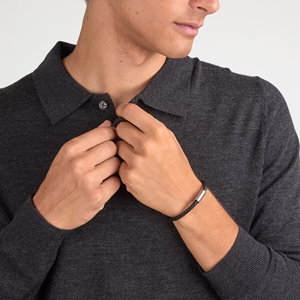 Černý kožený náramek pro muže T-Leather TJAXZ28