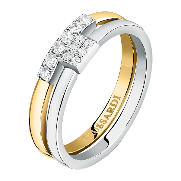 Krásny bicolor prsteň z ocele so zirkónmi T-Logo TJAXC41