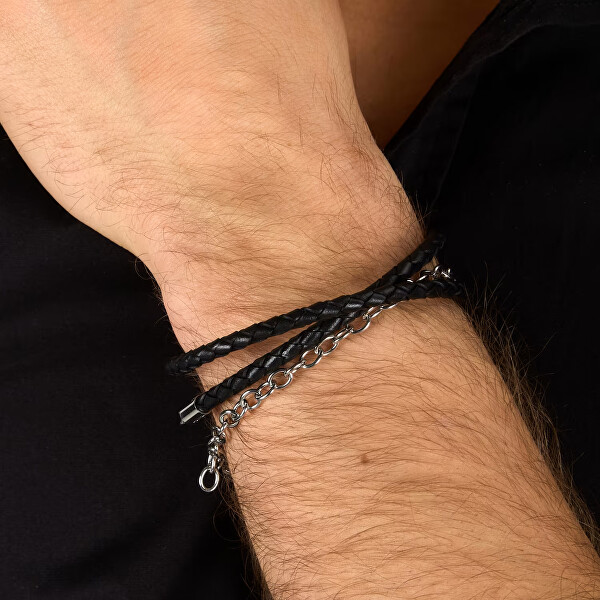 Pánský náramek z černé kůže a oceli T-Leather TJAXZ17
