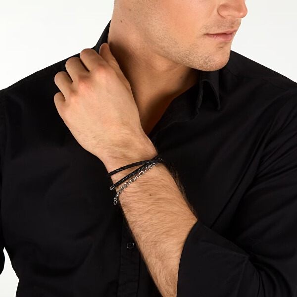 Pánský náramek z černé kůže a oceli T-Leather TJAXZ17