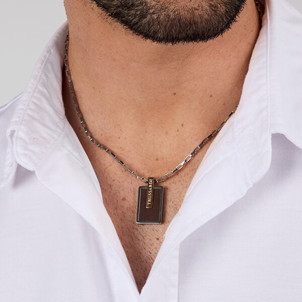Pánský ocelový náhrdelník s hnědou kůží T-Leather TJAXZ14