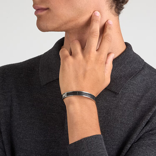 Pevný náramek z oceli a černé kůže T-Leather TJAXZ24
