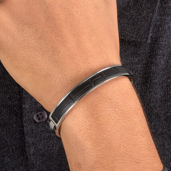 Pevný náramek z oceli a černé kůže T-Leather TJAXZ24