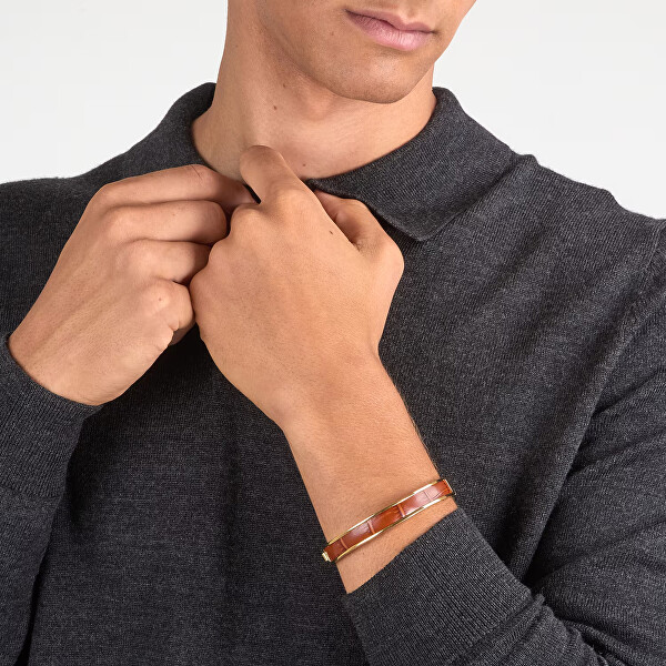 Pozlacený náramek z oceli a hnědé kůže T-Leather TJAXZ23
