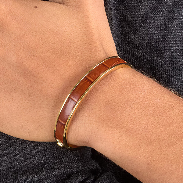 Pozlacený náramek z oceli a hnědé kůže T-Leather TJAXZ23