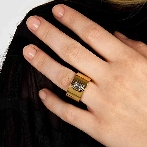 Třpytivý pozlacený prsten z oceli T-Design TJAYV0201