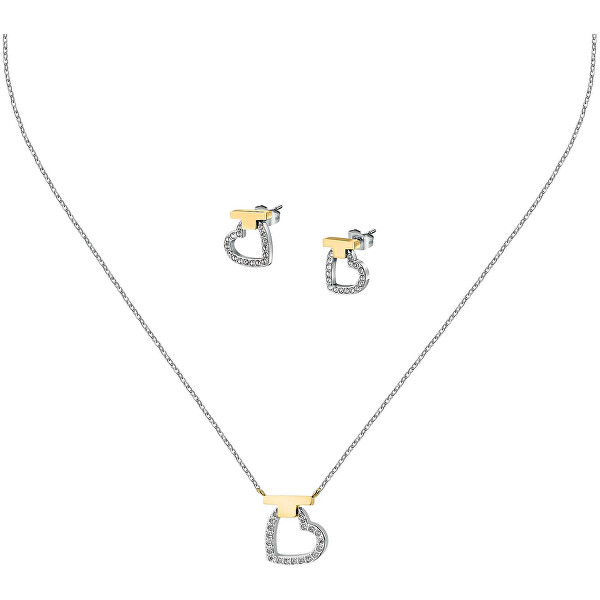 Bicolor-Schmuckset aus Stahl mit Zirkonen T-Logo TJAXC51 (Halskette, Ohrringe)