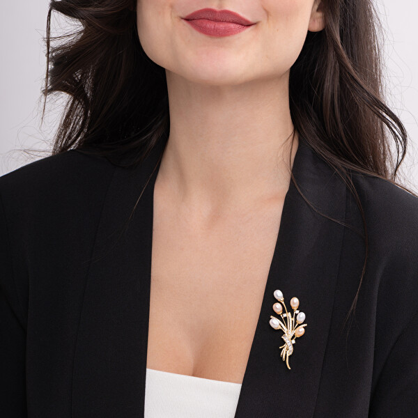 Brož Kytice s pravými perlami a krystaly Gold