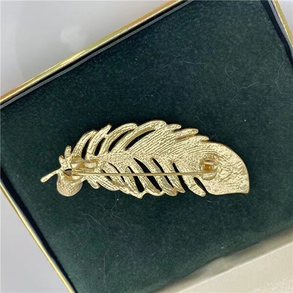 Brož pozlacené pírko se syntetickou perličkou Gold